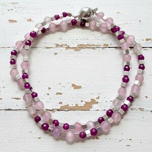 Handmade Double Wrap Bracelet w/ Silver Hematite, Semi Precious Ruby & Cat’s Eye